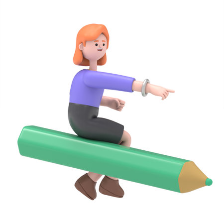 3D illustration of smiling European businesswoman Ellen riding on a giant pencil. 3D rendering on white background.の写真素材