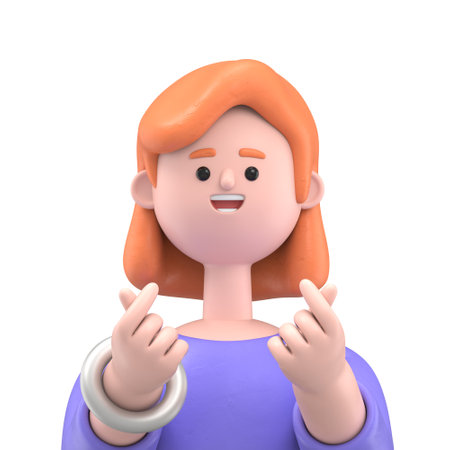 3D illustration of smiling European businesswoman Ellen makes love gesture with his fingers. 3D rendering on white background.の写真素材