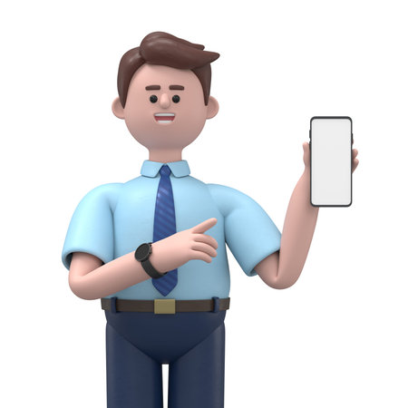 3D illustration of a smiling Asian man Felix holding smartphone and showing blank screen. Close up...