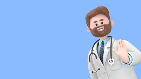 3D illustration of Male Doctor Iverson saying hello.Medical presentation clip art isolated on blue backgroundの写真素材