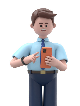 3D illustration of a smiling Asian man Felix looking at smartphone and chatting. Portraits of cartoon characters talking and typing on the phone. Communication in social networking, mobile connection. 3D rendering on white background.の写真素材