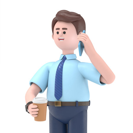 3D illustration of smiling Asian man Felix holding coffe and talking smartphone. 3D rendering on...