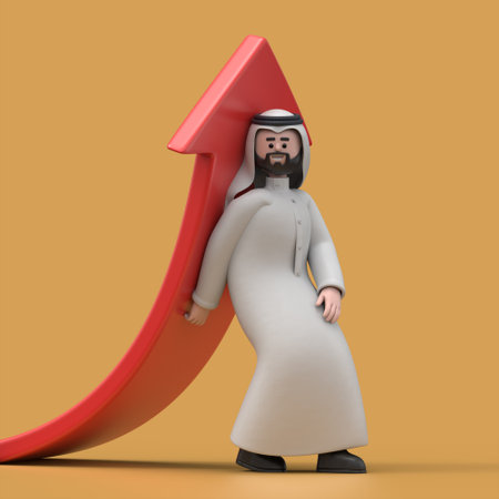 3D illustration of smiling Arab man Hadi lifting up red arrow, 3D rendering on yellow background.の写真素材