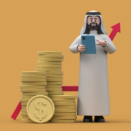 3D Illustration of smiling Arab man Hadi holding tablet and standing next to a huge stack of gold...