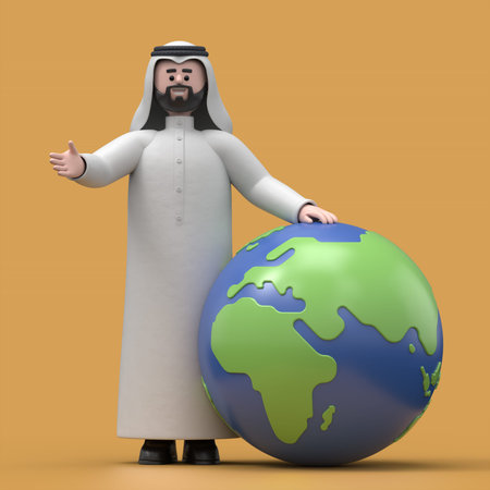 3D Illustration of smiling Arab man Hadi standing with a globe. global business or ecology concept....