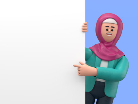 3D illustration of smiling Arab woman Ghaliyah pointing finger at blank presentation or information board. Close up portrait of cute cartoon smiling businessman with advertising placard.の写真素材