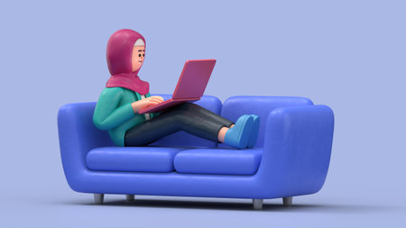 3D illustration of smiling Arab woman Ghaliyah lying on the orange couch at blue studio and work on laptop. Work at home concept.の写真素材
