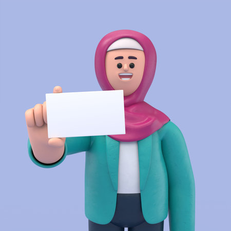 3D illustration of smiling Arab woman Ghaliyah showing a blank business card. 3D rendering on blue...