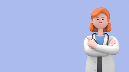 3D illustration of Female Doctor Nova showing you way, pointing his finger to empty copy space for advertising. Minimal style. Medical presentation clip art isolated on blue backgroundの写真素材