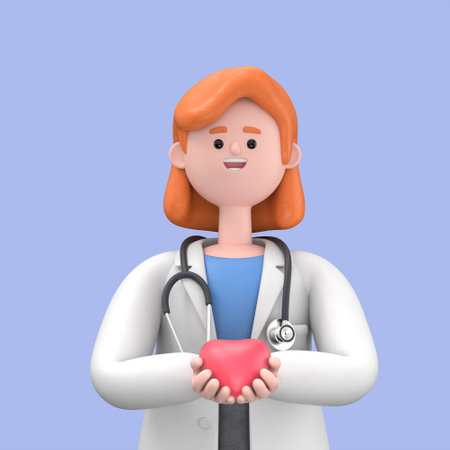 3D illustration of Female Doctor Nova holding a red heart at hospital office. Medical health care and doctor staff service concept.Medical presentation clip art isolated on blue backgroundの写真素材