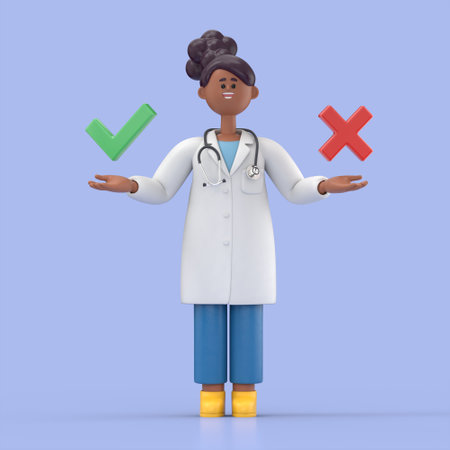 3D illustration of Female Doctor Juliet standing confusedly to choose yes or no. Concept of choice, selection, answer, reply, accept of refuse. Doubts, worries. Medical presentation clip art isolated on blue background.の写真素材