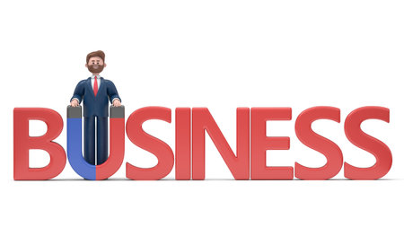 3D illustration of bearded american businessman Bob standing next to business and holding magnet. 3D rendering on white background.の写真素材