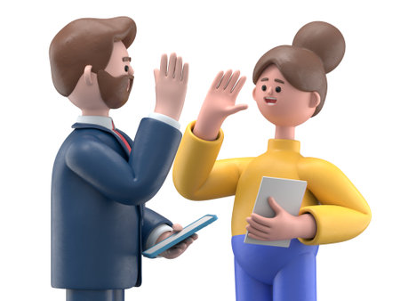 Two happy friendly diverse professionals, teachers and students giving high five standing in office celebrating success, good cooperation result, partnership teamwork and team motivation in office work.の写真素材