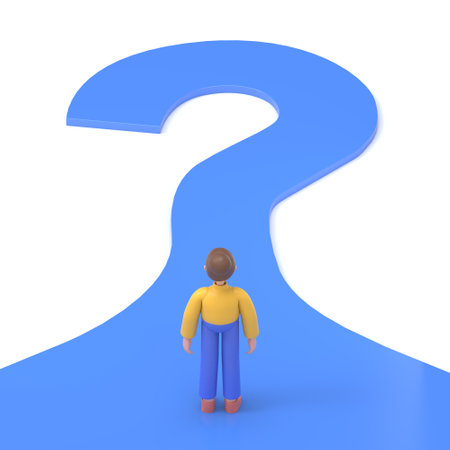 3D illustration of smiling Asian woman Angela looking unknown open. Road forward in form of a question mark. What's next ? Big question mark on a way.の写真素材
