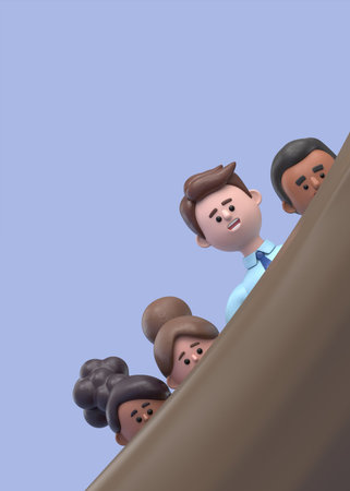 3D illustration of a group of cartoon characters hiding behind a big tree and peeking at you. 3D rendering on blue background.の写真素材