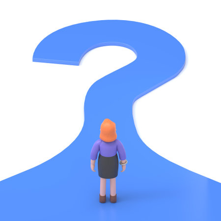 3D illustration of smiling European businesswoman Ellen looking unknown open. Road forward in form of a question mark. What's next ? Big question mark on a way.の写真素材