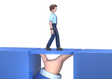 3D illustration of smiling Asian man Felix.Two businessmen solved the problem of overcoming the abyss. Symbol of working together, cooperation, partnership.Teamwork concept. Business helping.の写真素材