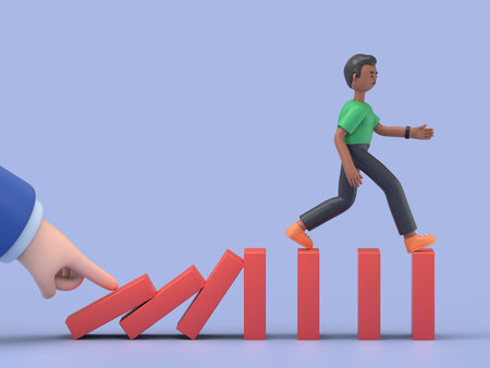 Hand pushes dominoes, 3D illustration of afro man David runs away from falling effect. Human running...