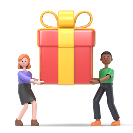 Happy smiling man and woman are carrying a large gift box. Bonus or special offer. Present.3D rendering on white background.の写真素材