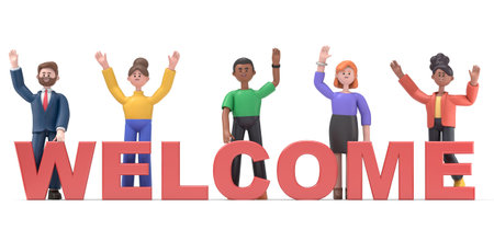 Set of different nationality people greeting gesture, waving hand. Concept new team member.3D rendering on white background.の写真素材