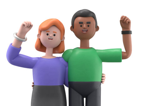 Young cheerful strong sporty fitness couple showing biceps muscles on hand.3D rendering on white background.の写真素材