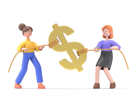 Two businessmen break sing dollar bill with rope. Tearing money. Divide finance. Conflict concept. Torn in half. 3D rendering on white background. Financial crisis.の写真素材