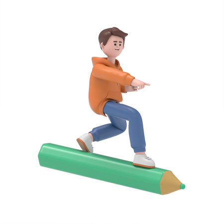 3D illustration of smiling male guy Qadir riding on a giant pencil. 3D rendering on white background.の写真素材