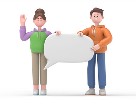 3D illustration of affectionate couple, social networks, chat, dialogue speech bubbles. 3D rendering...