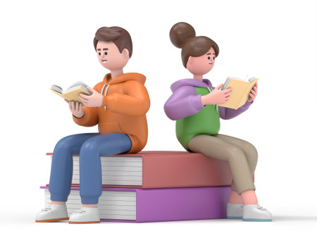 3D illustration of affectionate couple leaning on a pile of books reading.3D rendering on white background.の写真素材