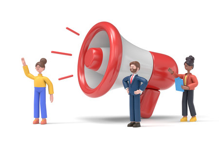 People use Big Loudspeaker to Communicate with Audience. PR Agency Team work on Social Media Promotion. Public Relation, Digital Marketing and Media Concept.3D rendering on white background.の写真素材