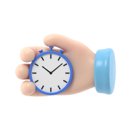 Cartoon Gesture Icon Mockup.Cartoon hand with a stopwatch.3D rendering on white background.の写真素材