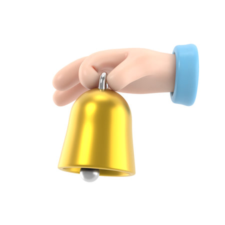 Cartoon Gesture Icon Mockup.Cartoon hand holding bell.3D rendering on white background.
