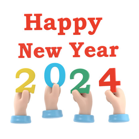 Happy New Year 2024. Team businessmen holding numbers 2024,and text congratulations,greetings.3D...