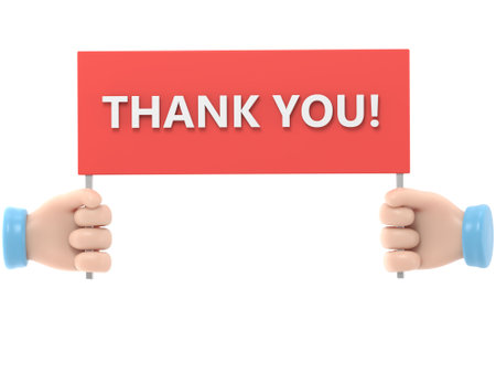 Cartoon Gesture Icon Mockup.Human hands holding red plate with words thank you,illustration in flat style.3D rendering on white background.の写真素材