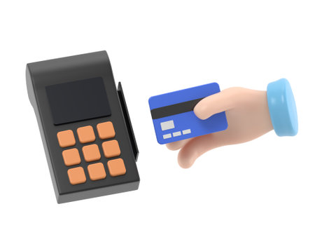 Cartoon hand holding credit card and payment terminal. POS terminal with check. Financial transactions concept. 3D rendering on white background.の写真素材