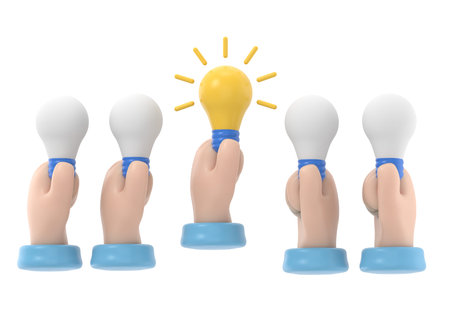 Unique idea. Hand holding lightbulb concept. Solution innovative technology. 3d illustration flat...