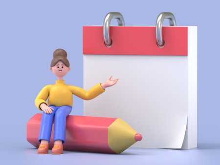 3D Render of Cartoon Character sitting on a red pencil and holding a blank calendarの写真素材