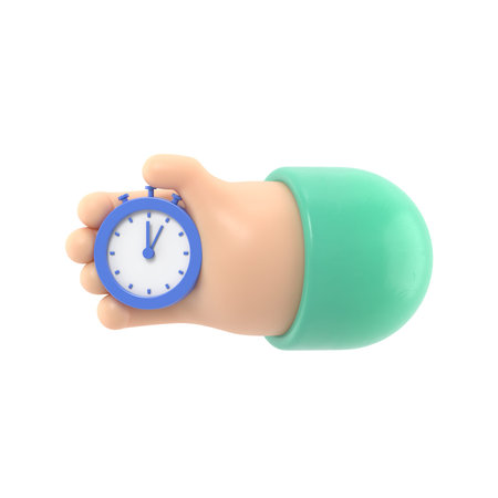 Cartoon Gesture Icon Mockup.Cartoon hand with a stopwatch.3D rendering on white background.