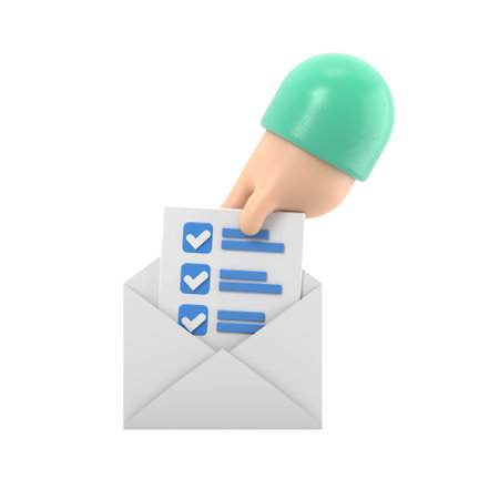 3d mail envelope icon with task management todo check list in hand holding. Minimal email letter with letter paper read,assignment and exam. message concept.3D rendering on white background.の写真素材