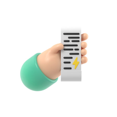 3d female hand holds payment energy bill paper invoice icon design. Cartoon plastic render Payment for electric utility receipt sign. 3D rendering on white background.の写真素材