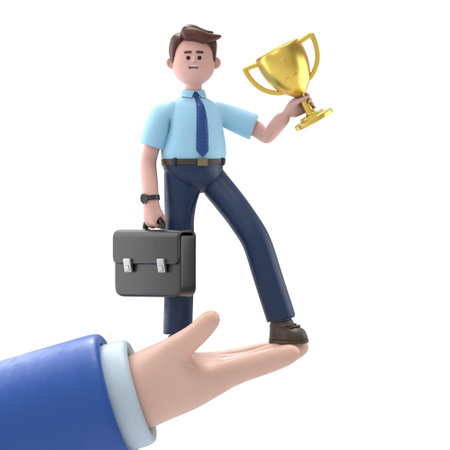 Successful businessman on hand holding trophy and briefcase, celebrates his victory. Business success, triumph, goal or achievement. Team work, winning of competition.の写真素材