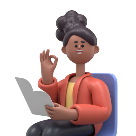 3D illustration of african woman Coco on a chair holding paper document. Male portrait reading contract files and doing approved ok gesture at home office by the windowの写真素材
