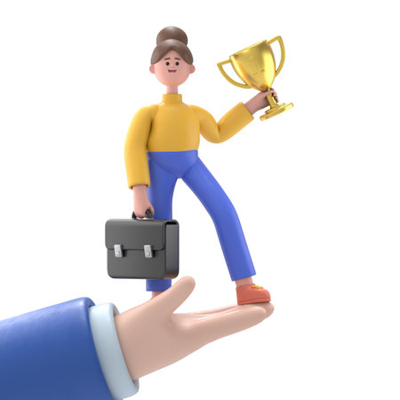 Successful businessman on hand holding trophy and briefcase, celebrates his victory. Business success, triumph, goal or achievement. Team work, winning of competition.の写真素材