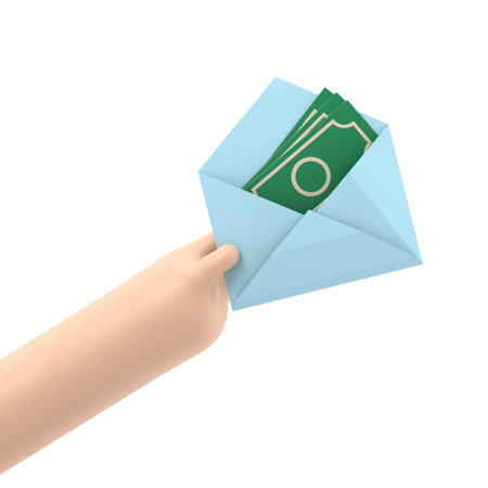 Money in envelope hold in hand businessman. Cash american dollars. Financial gift.3d illustration flat design. Finance concept. Open paper envelope with money.Supports PNG files with transparent backgrounds.の写真素材