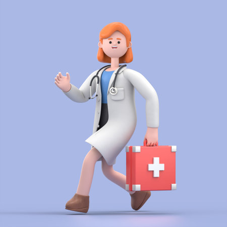 3D illustration of Female Doctor Nova runs.Medical presentation clip art isolated on blue background.の写真素材