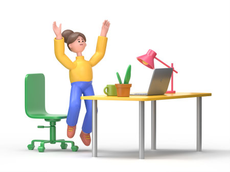 3D illustration of smiling Asian woman Angela happy in the office.successful concept. Flat cartoon character.3D rendering on white background.の写真素材