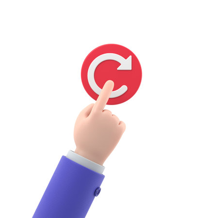 Reboot concept. Restarting technology. Hand to push big red button. 3d illustration flat...