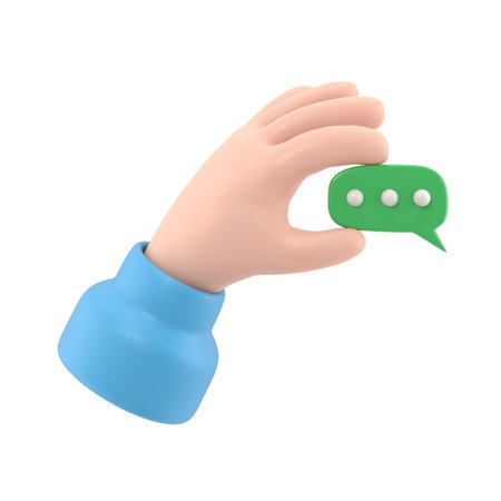 Cartoon Gesture Icon Mockup.3d hand holding chat bubble icon. Message in fingers,communication concept,Supports PNG files with transparent backgrounds.の写真素材