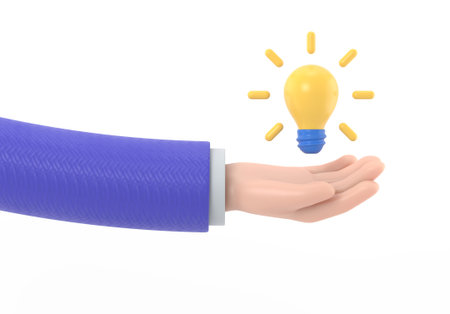 Transparent Backgrounds Mock-up.3d icon hand holding light bulb gesture. cartoon great idea concept, Supports PNG files with transparent backgrounds.の写真素材