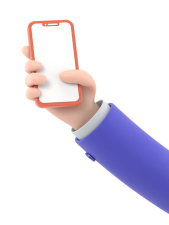 Transparent Backgrounds Mock-up.3d black skinned hand touching smartphone. cartoon icon or mockup of using mobile phone, Supports PNG files with transparent backgrounds.の写真素材